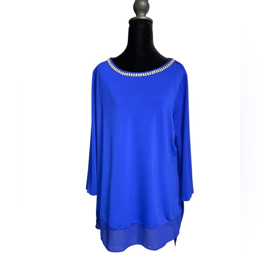 Belldini Royal Blue Tunic Top with Embellished Neckline and sheer bottom
